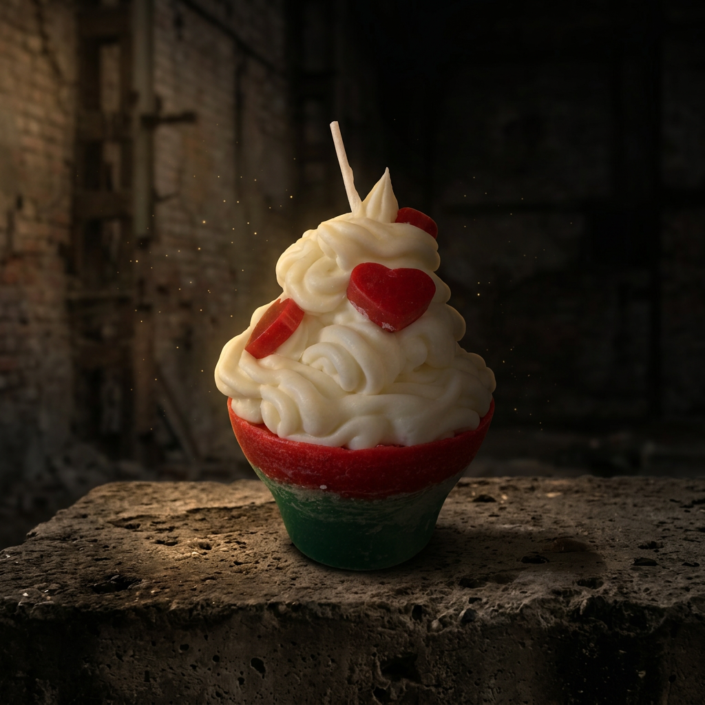 A cupcake candle with swirled wax frosting and red hearts