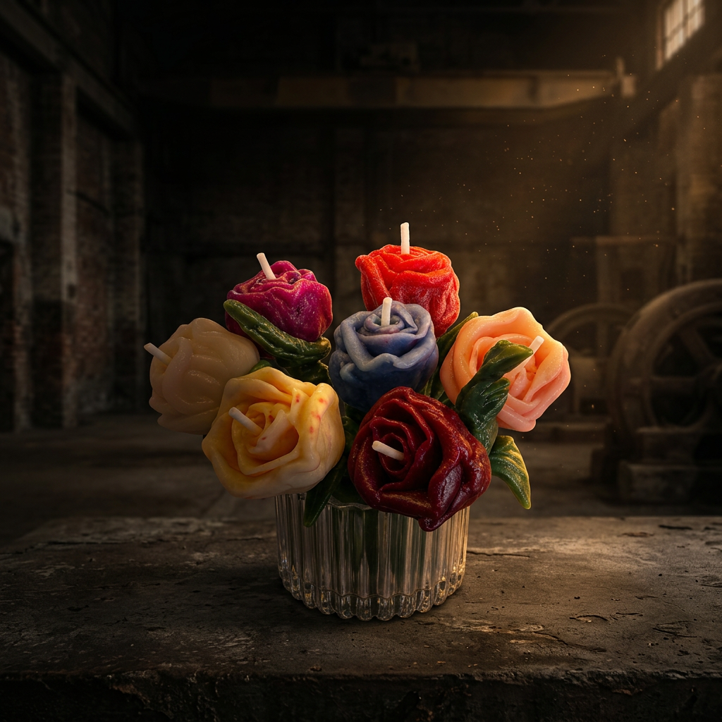 Seven colourful wax roses in a fluted glass vase, glowing in candlelight