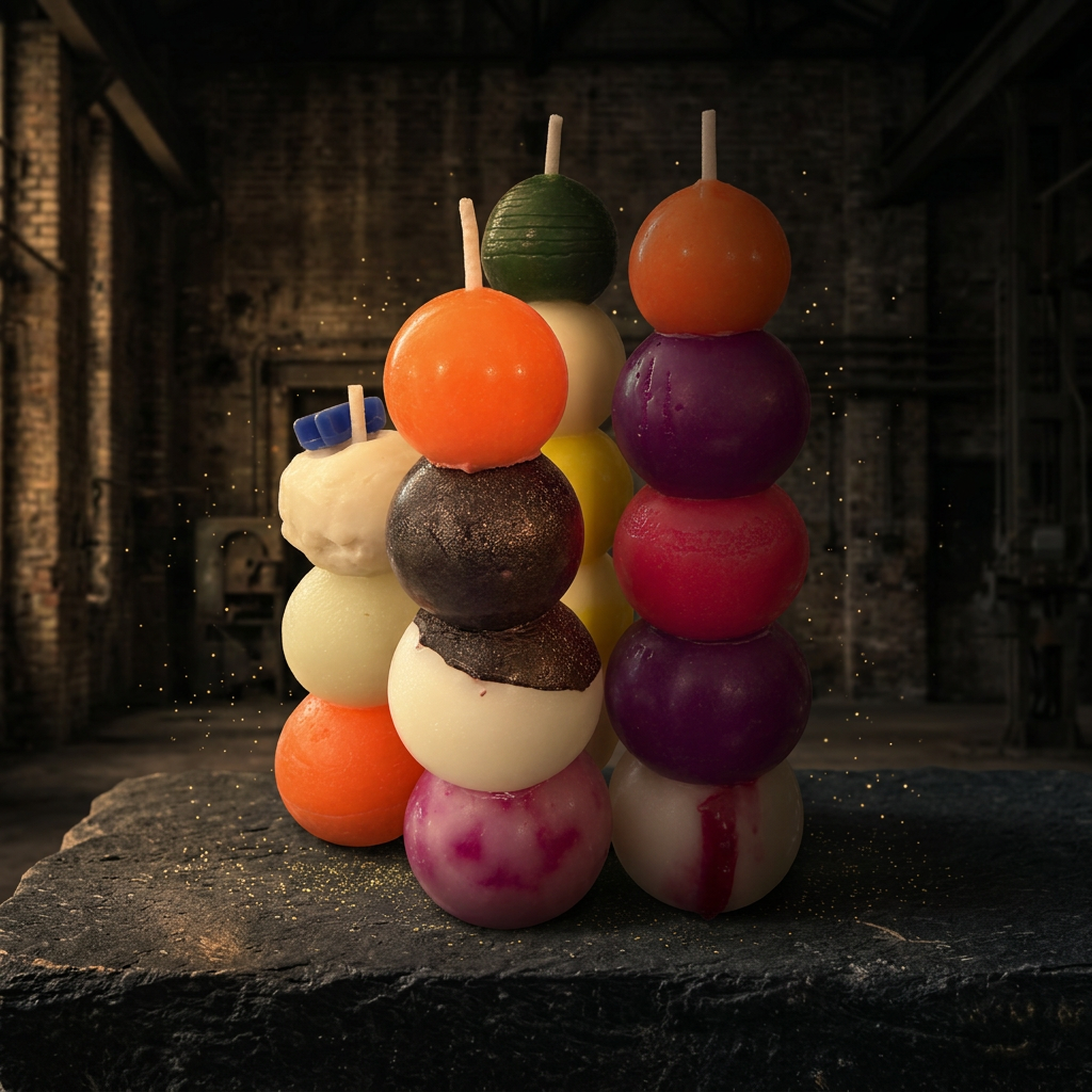 A colourful arrangement of stacked sphere candles on dark stone