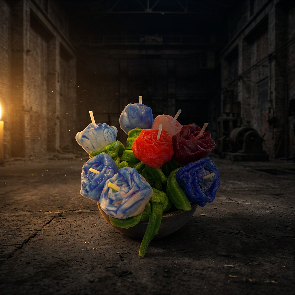 Wax tulips and rose buds gathered in a dark bowl in an industrial hall