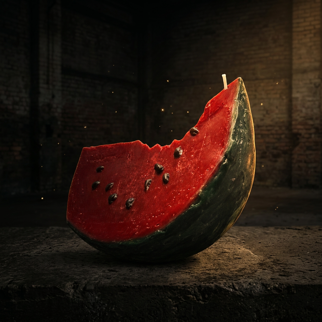 A hand-carved watermelon slice candle on dark stone