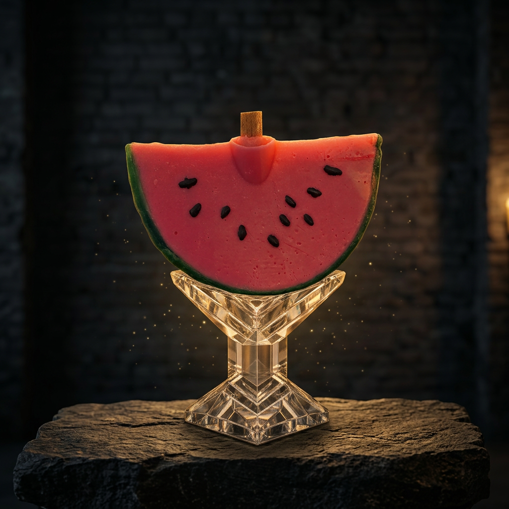 A watermelon slice candle standing in a clear faceted pedestal glass