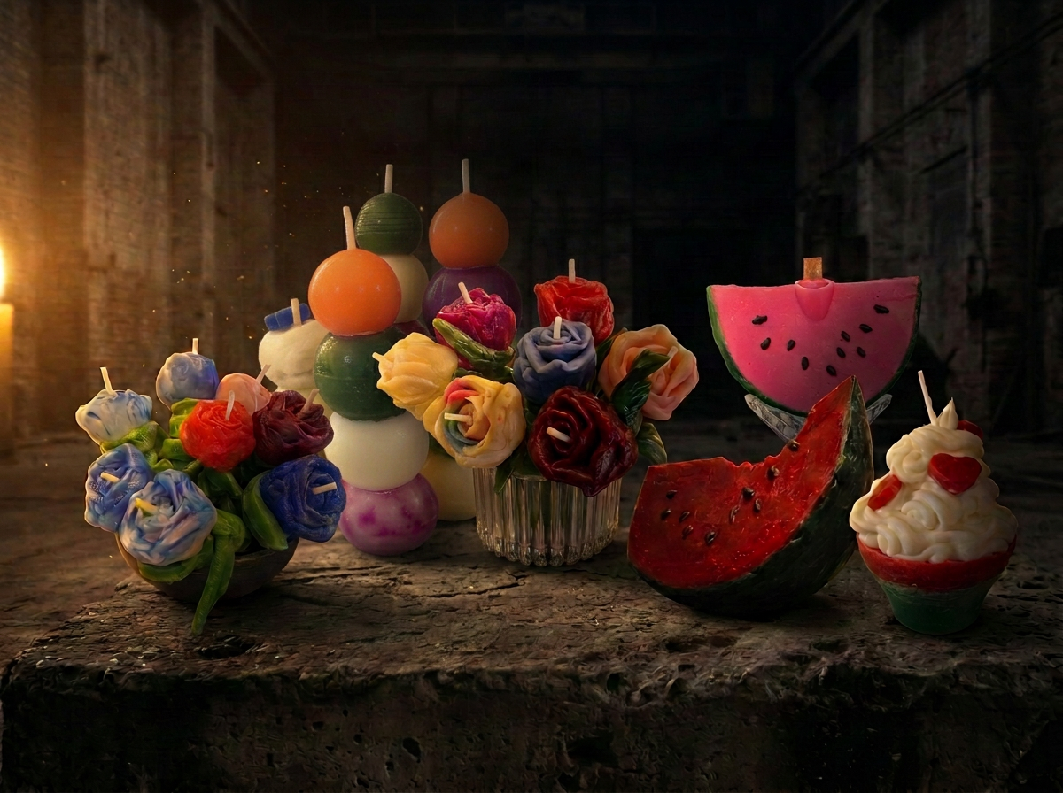 Six handmade candles gathered on one dark stone slab, with colourful sphere candles nestled behind two rose bouquets